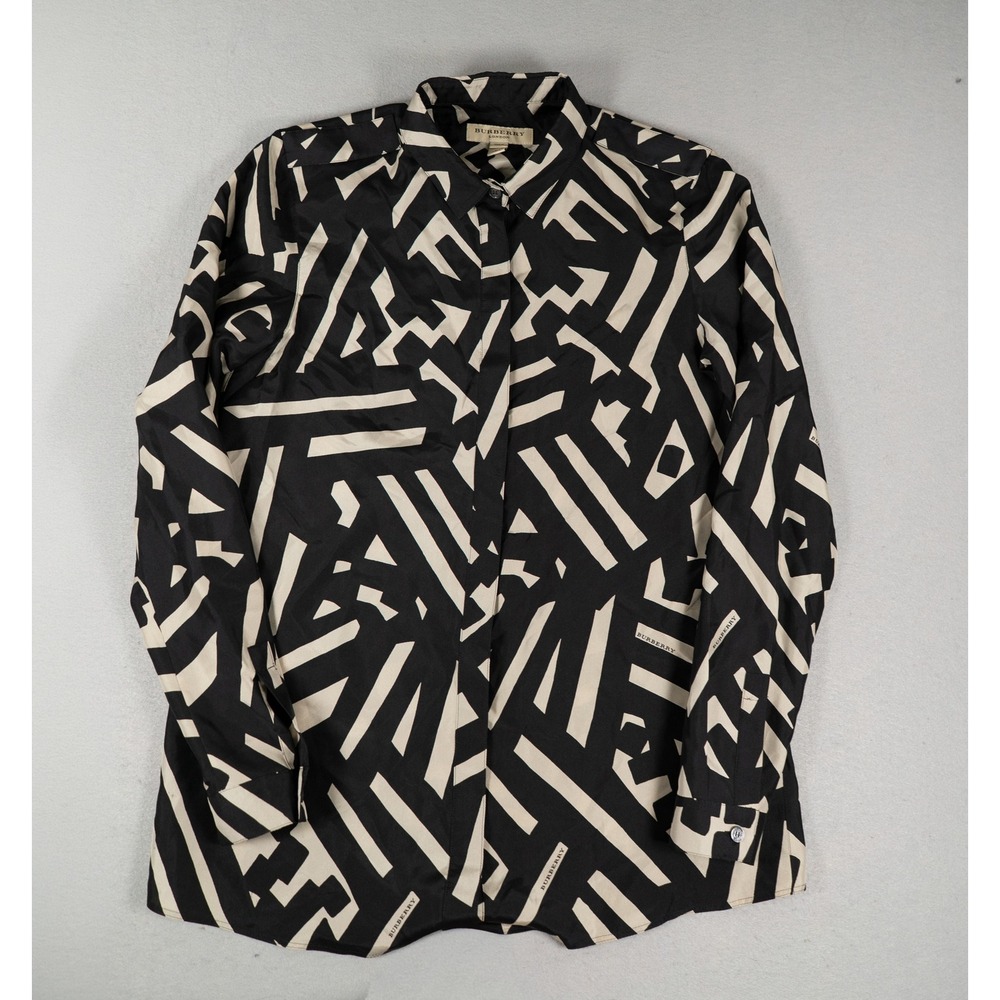 Burberry London Womens Silk Shirt Geometric Graphic Print Black Beige Size 4